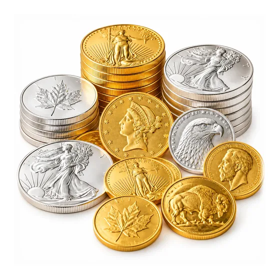 Gold and silver coins, including American Eagles and Maple Leafs
